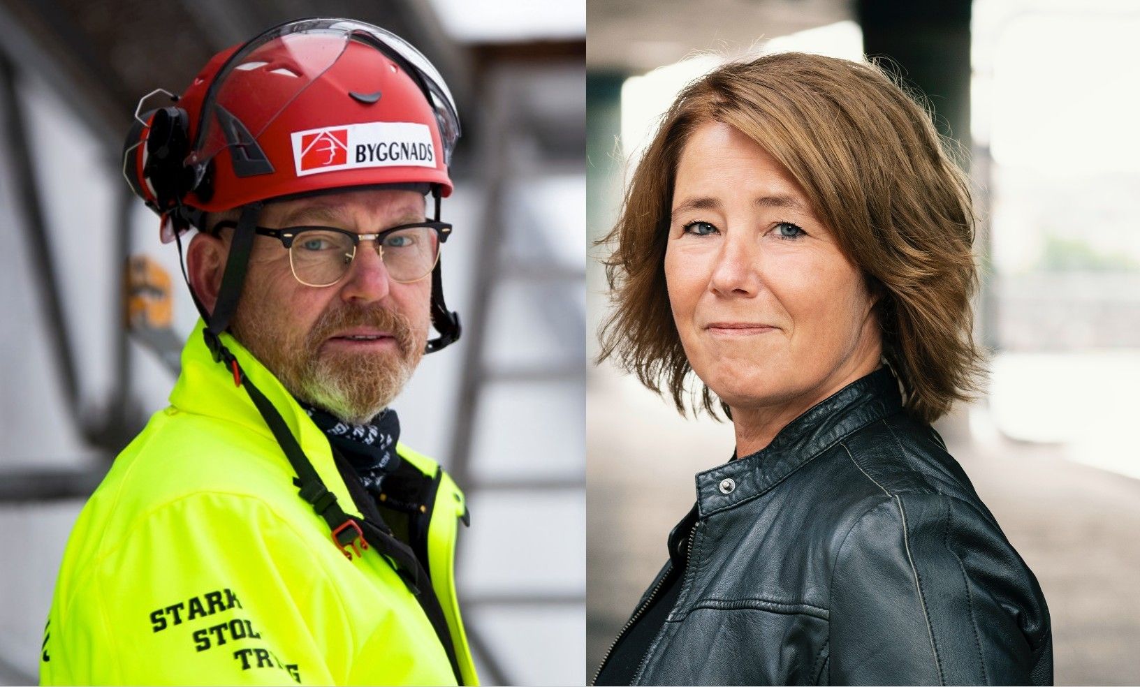 Person i gul säkerhetsjacka och röd hjälm står utomhus bredvid en kvinna med kort brunt hår i en svart skinnjacka. Bakgrunden visar en industriell eller urban miljö