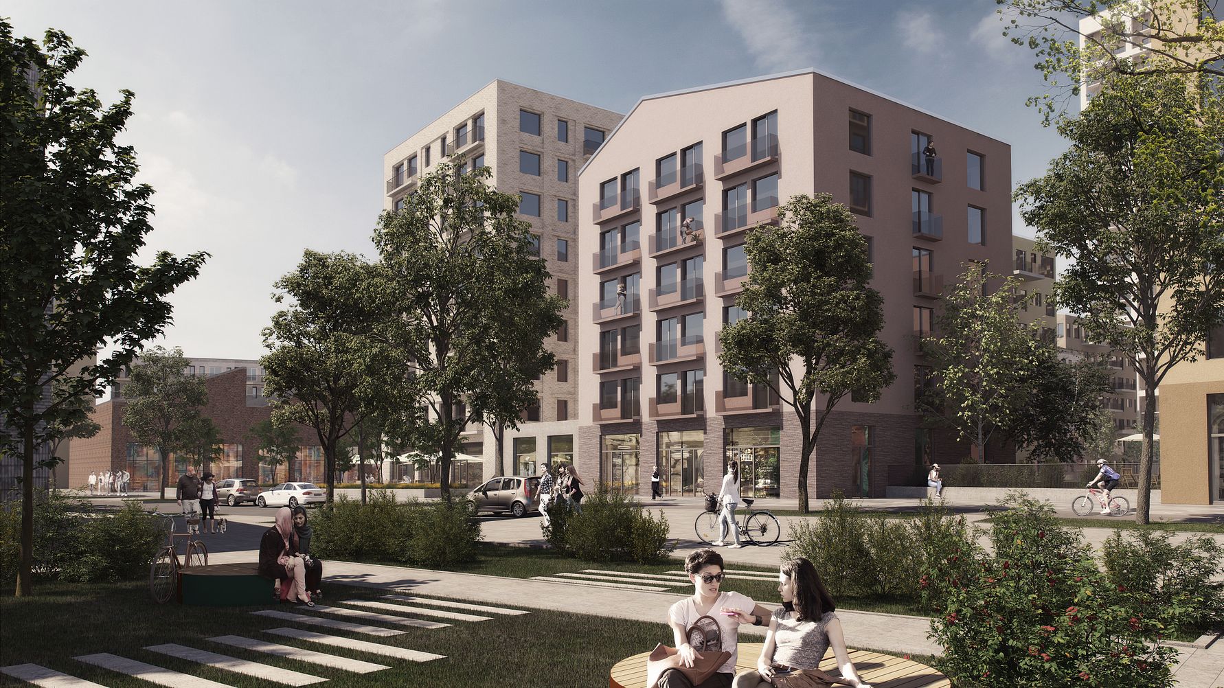 Bostadsområde med moderna flerfamiljshus, träd och grönområden, människor som promenerar, cyklar och sitter på bänkar