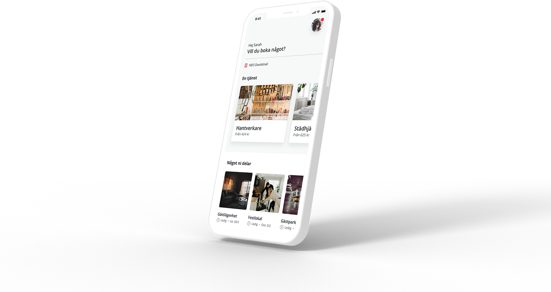 Smartphone som visar en app med kategorier och bilder, inklusive "Konserter" och "Skivsläpp