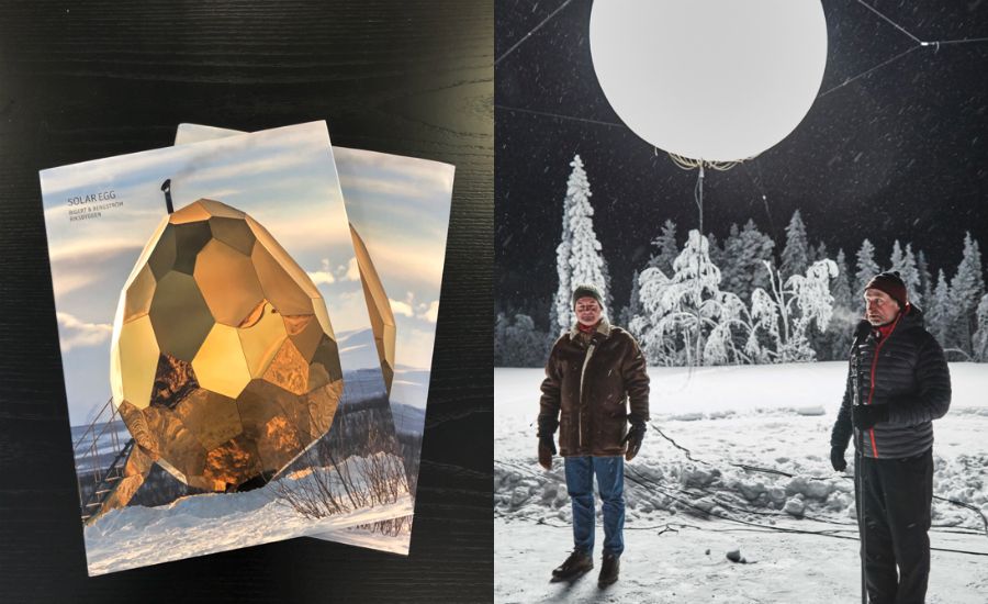 Bild av två broschyrer med guldägg-inspirerat omslag på ett bord, samt en vintermiljö med två personer stående framför ett stort vitt luftballongliknande objekt och snötäckta träd i bakgrunden