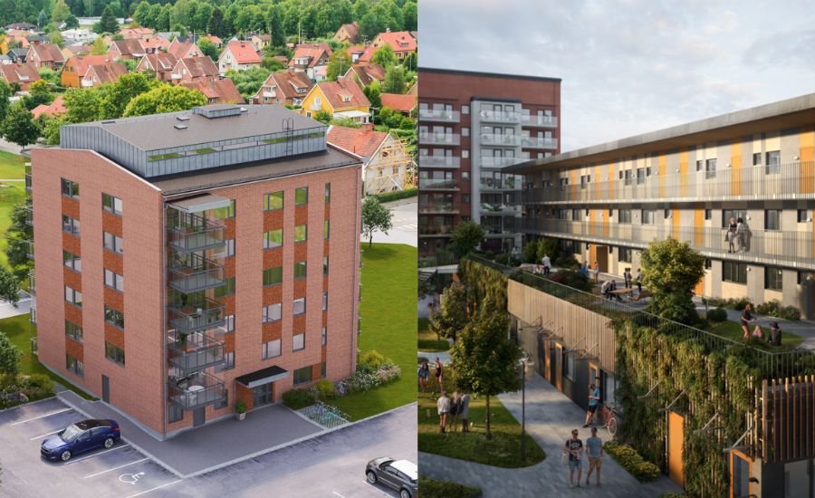 Två moderna flerfamiljshus, ett i rött tegel med balkonger och en grön omgivning, och det andra med färgglada fasader, gemensam innergård och människor som rör sig i området
