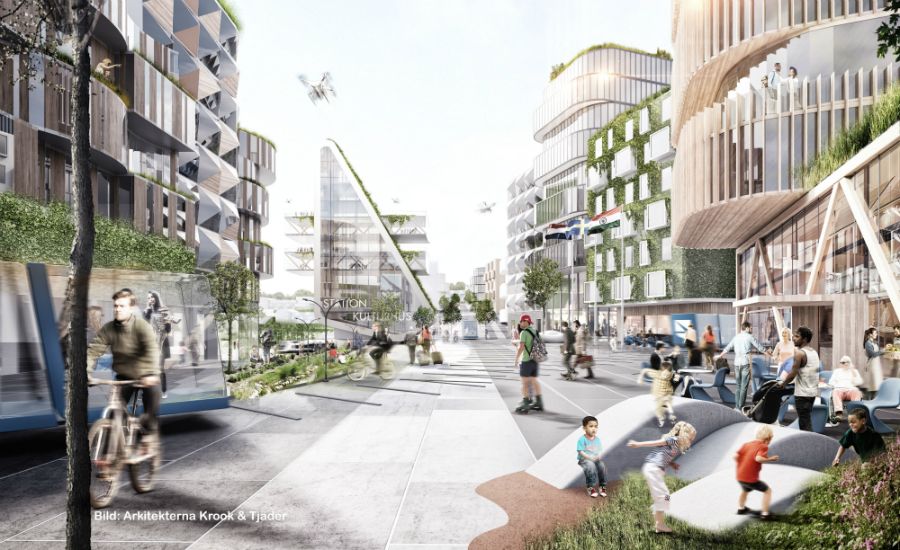 En vision av en modern stadsdel med futuristisk arkitektur, gröna fasader, människor som rör sig längs gång- och cykelvägar, samt barn som leker i en park
