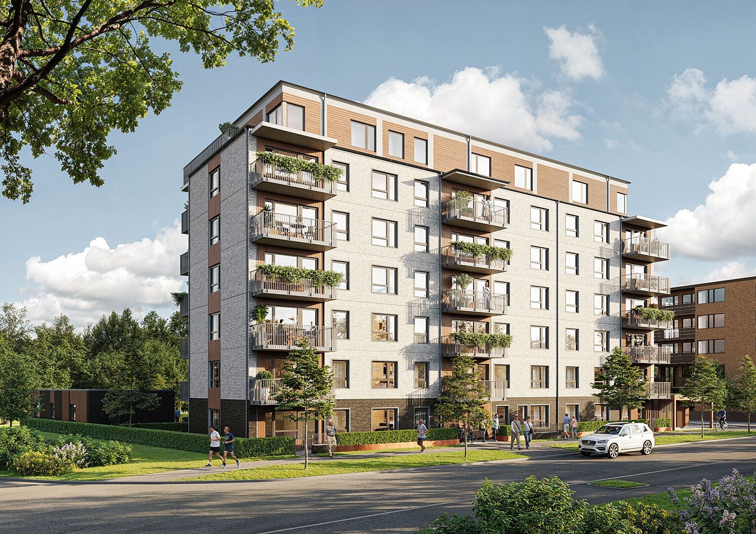 Illustration av ett modernt flerbostadshus med balkonger, gröna planteringar och människor utanför