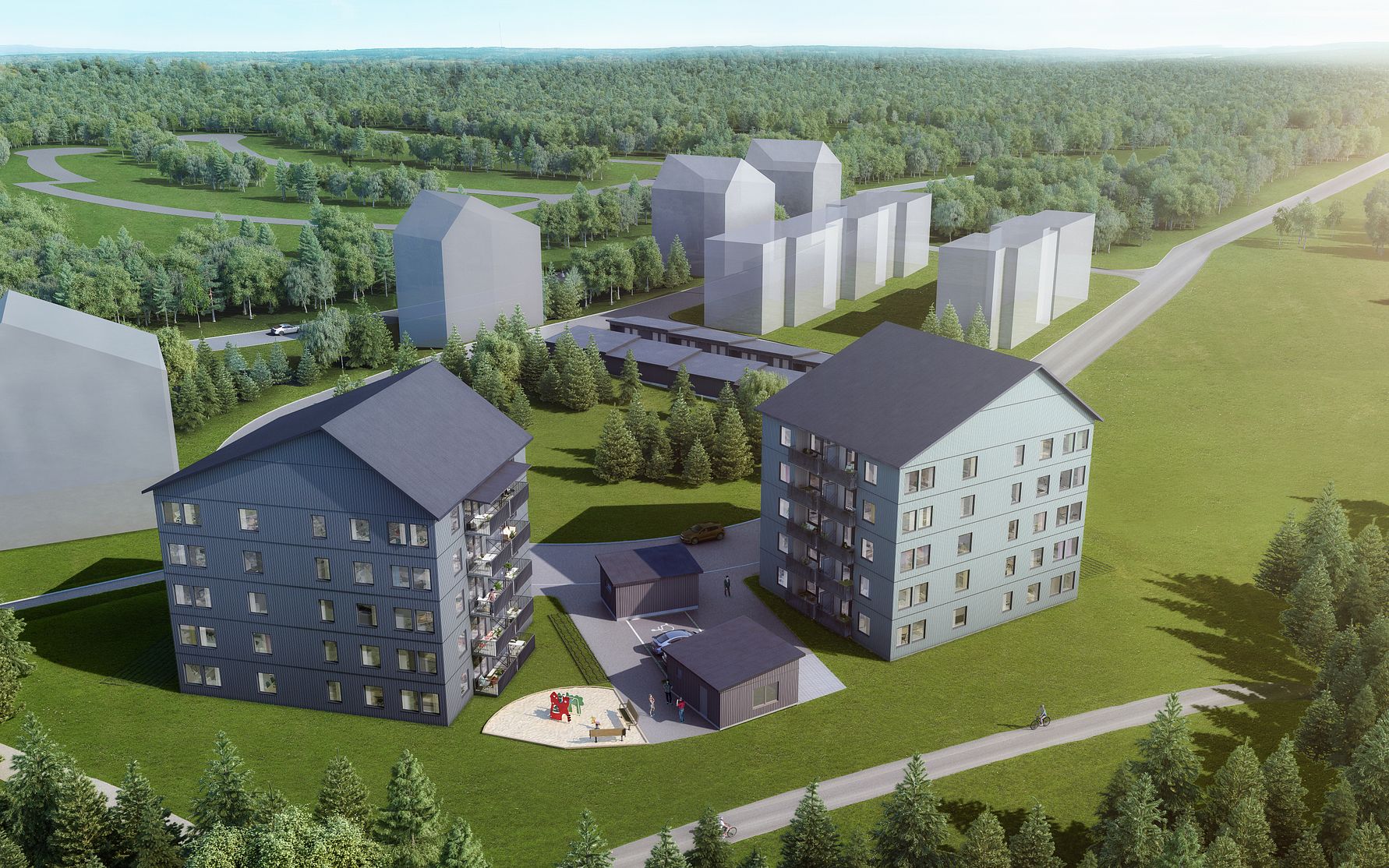 Illustration av ett bostadsområde med flerfamiljshus, gröna gräsmattor och träd i ett öppet landskap
