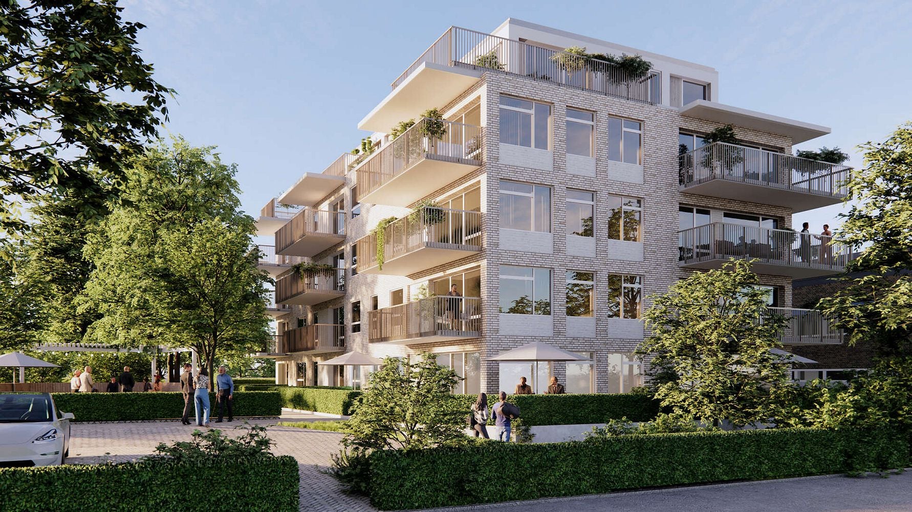 Illustration av ett modernt flerbostadshus med balkonger, grönskande gård och människor utomhus