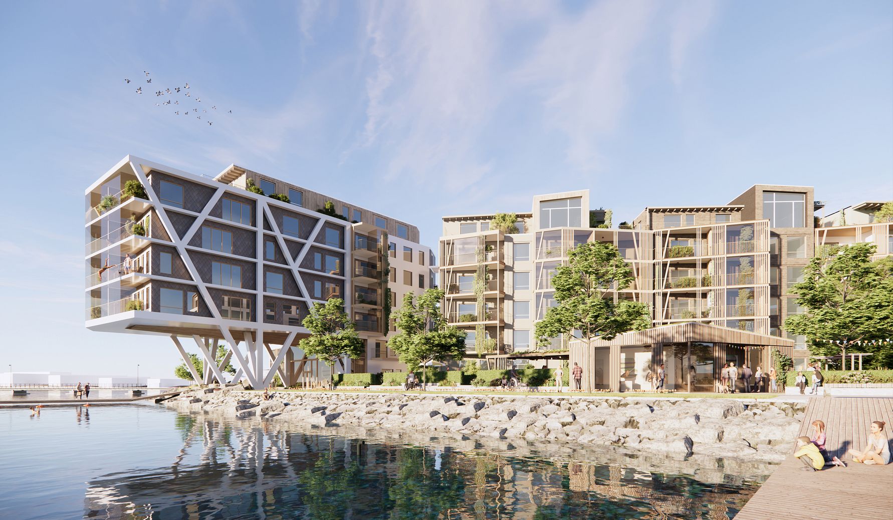 Illustration av moderna bostadshus vid vatten med gröna omgivningar och träfasader