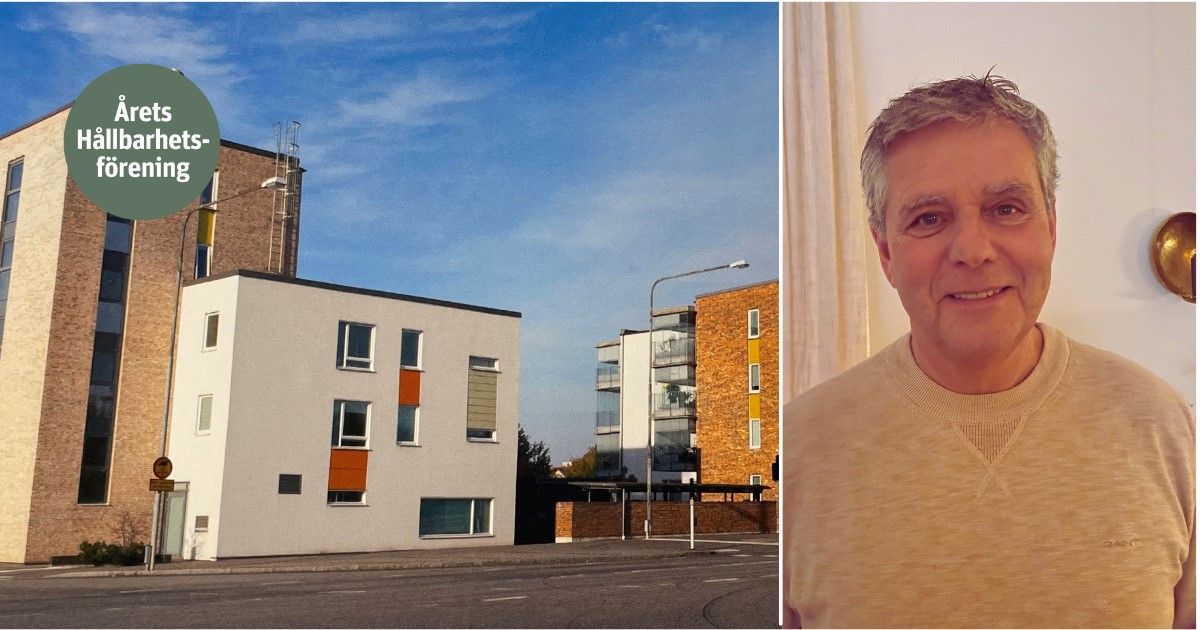 En modern byggnad med flera fönster i olika färger och en väg i förgrunden, med en skylt som markerar "Årets Hållbarhetsförening