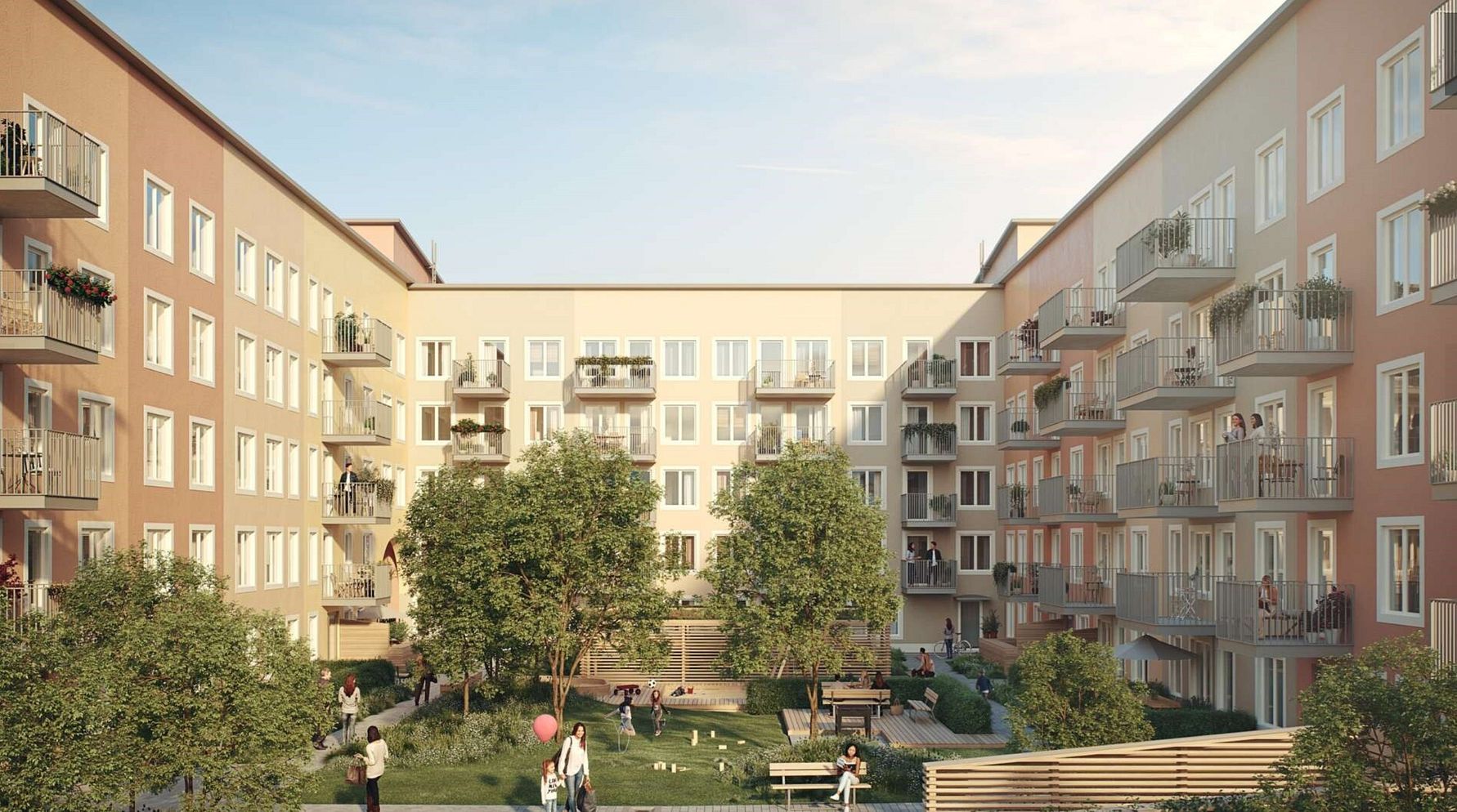 Innergård med flerbostadshus, grönskande träd, lekande barn och människor som samlas kring bänkar och gräsmattor