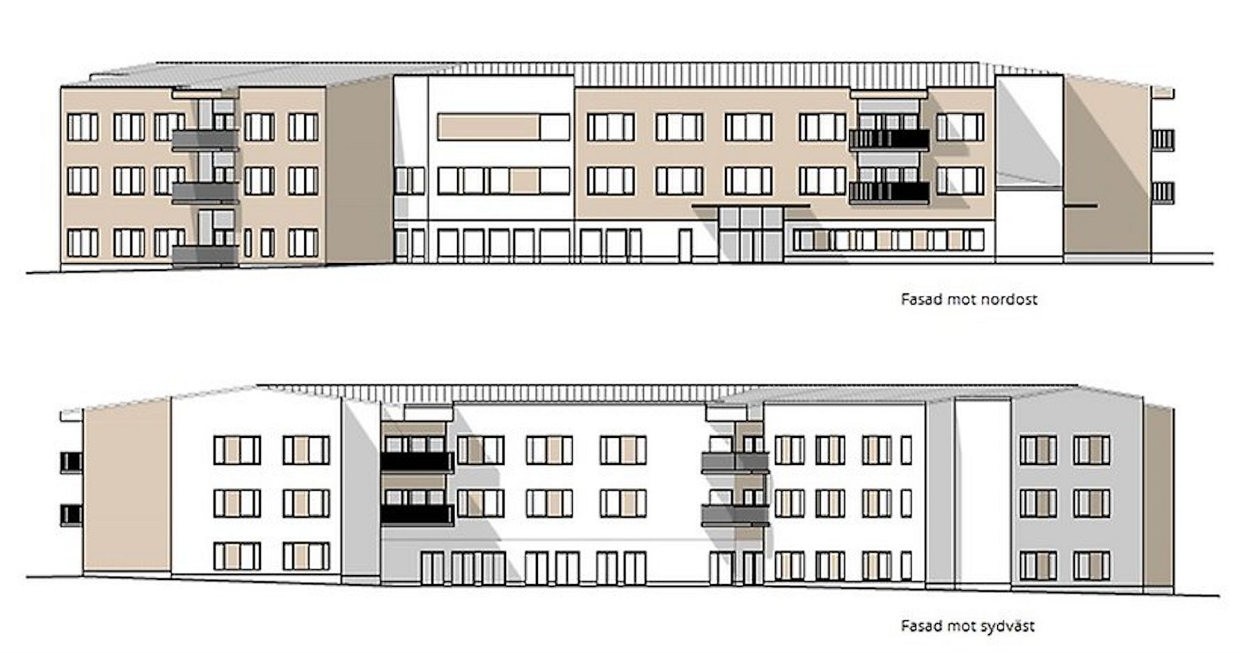 Illustration av en byggnad med flera lägenheter, tre våningar, balkonger och fönster. Fasaderna visas mot nordost och sydväst