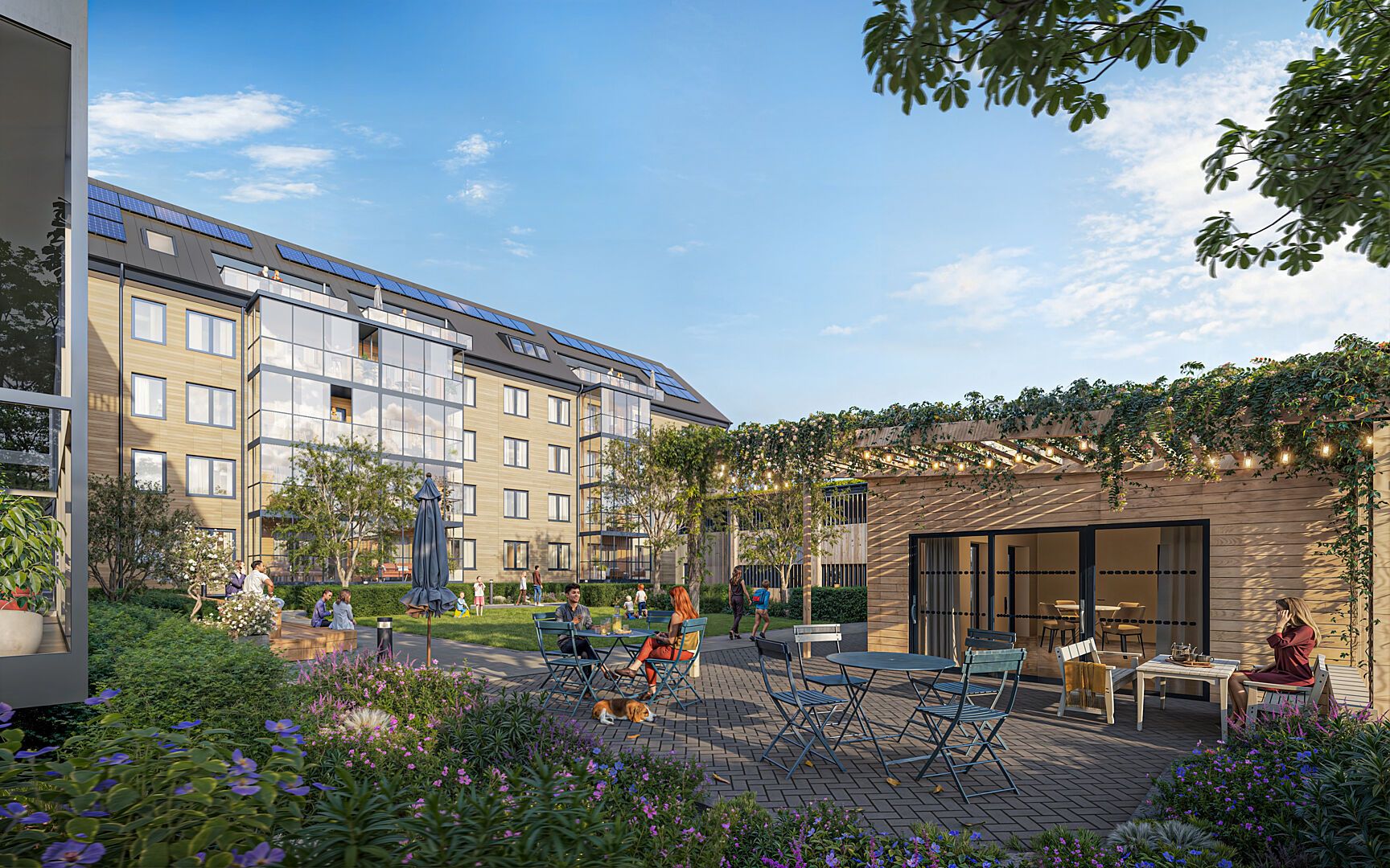 Illustration av en inflyttningsklar lägenhetsgård med flerbostadshus, uteplatser, sittgrupper och grönska