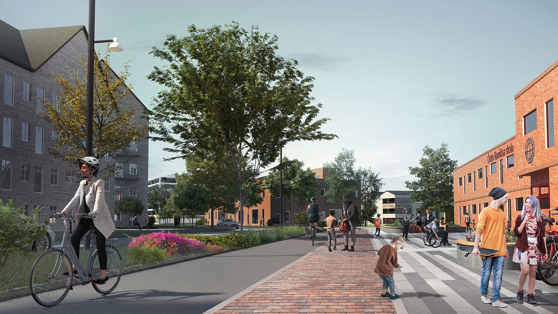 Illustration av en Östra Ramlösa med bostadshus, träd och människor som cyklar och går över ett övergångsställe