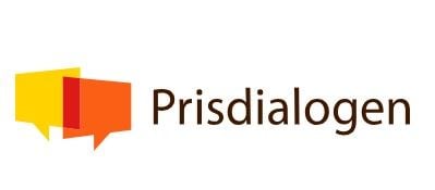 Logotyp för Prisdialogen med två överlappande pratbubblor i gul och orange färg