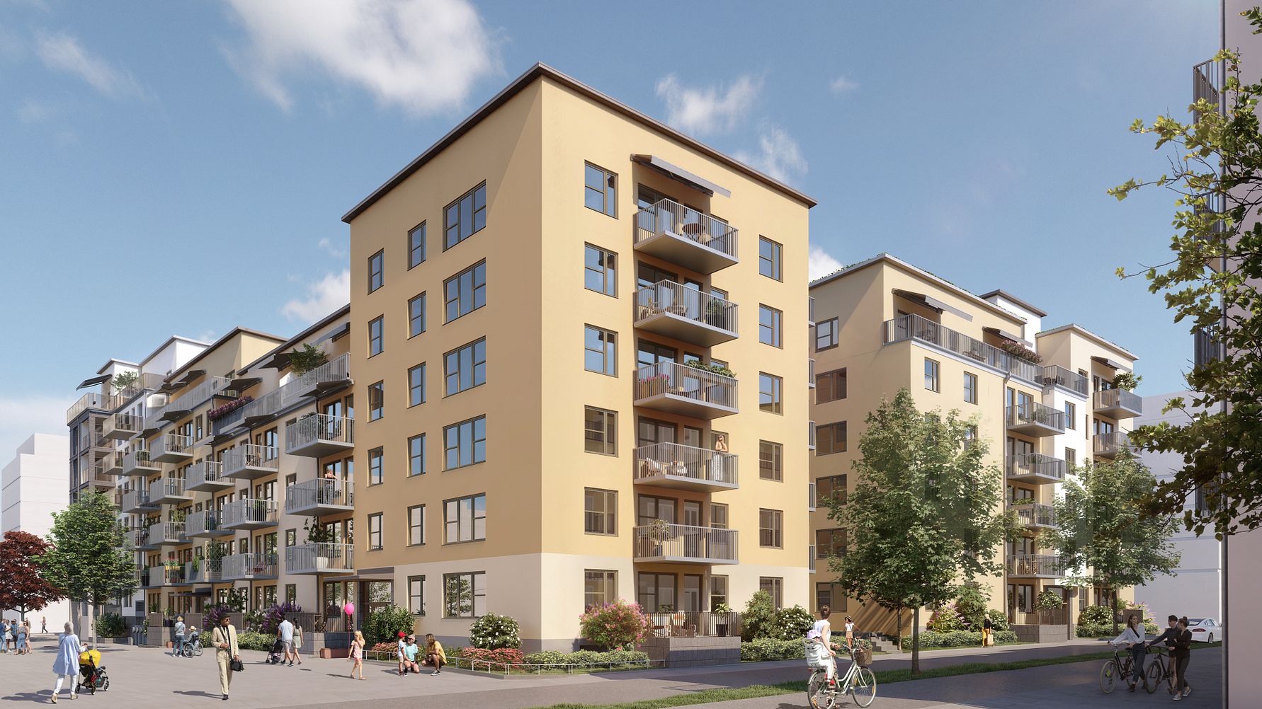 Flerfamiljshus i modern arkitektur med gula fasader, balkonger och stora fönster, omgivna av träd och människor som promenerar eller cyklar