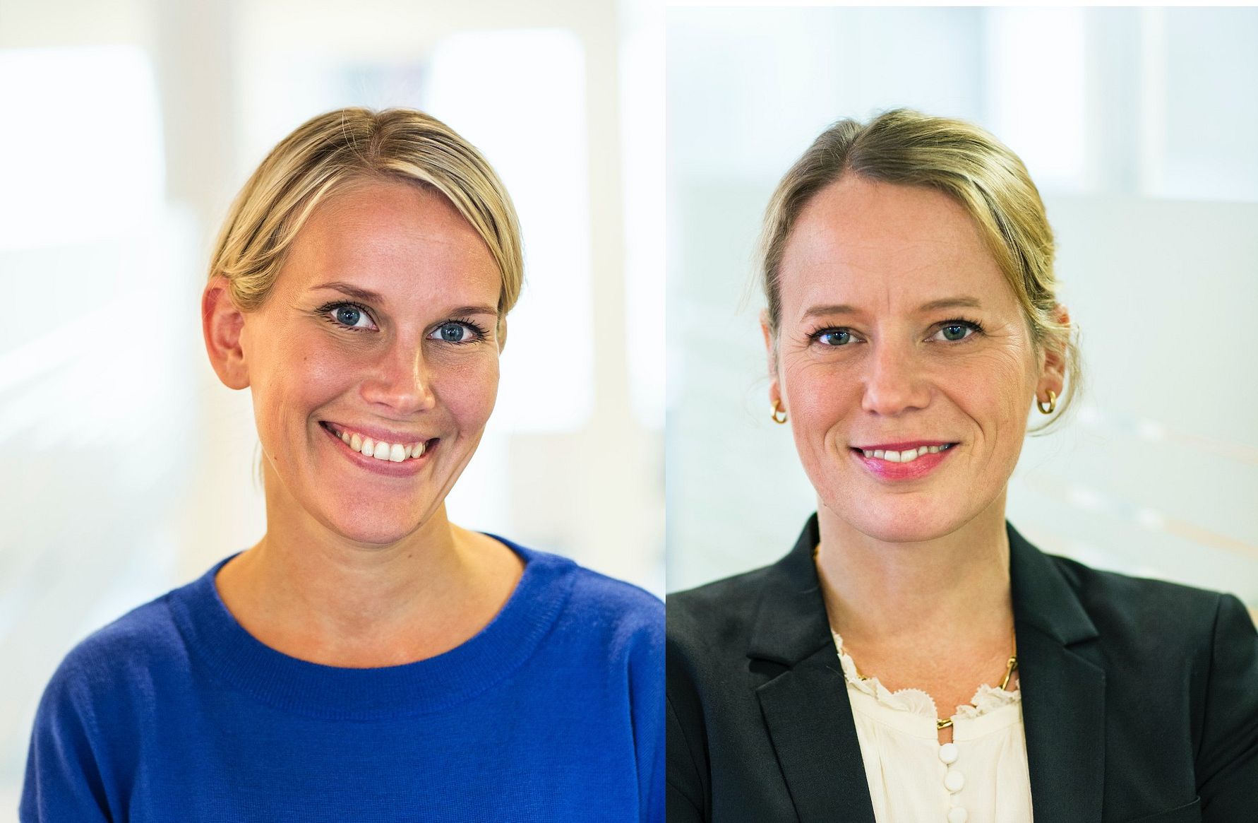 Två personer inomhus, en klädd i en blå tröja och den andra i en svart kavaj med vit skjorta, mot ett ljust suddigt bakgrund