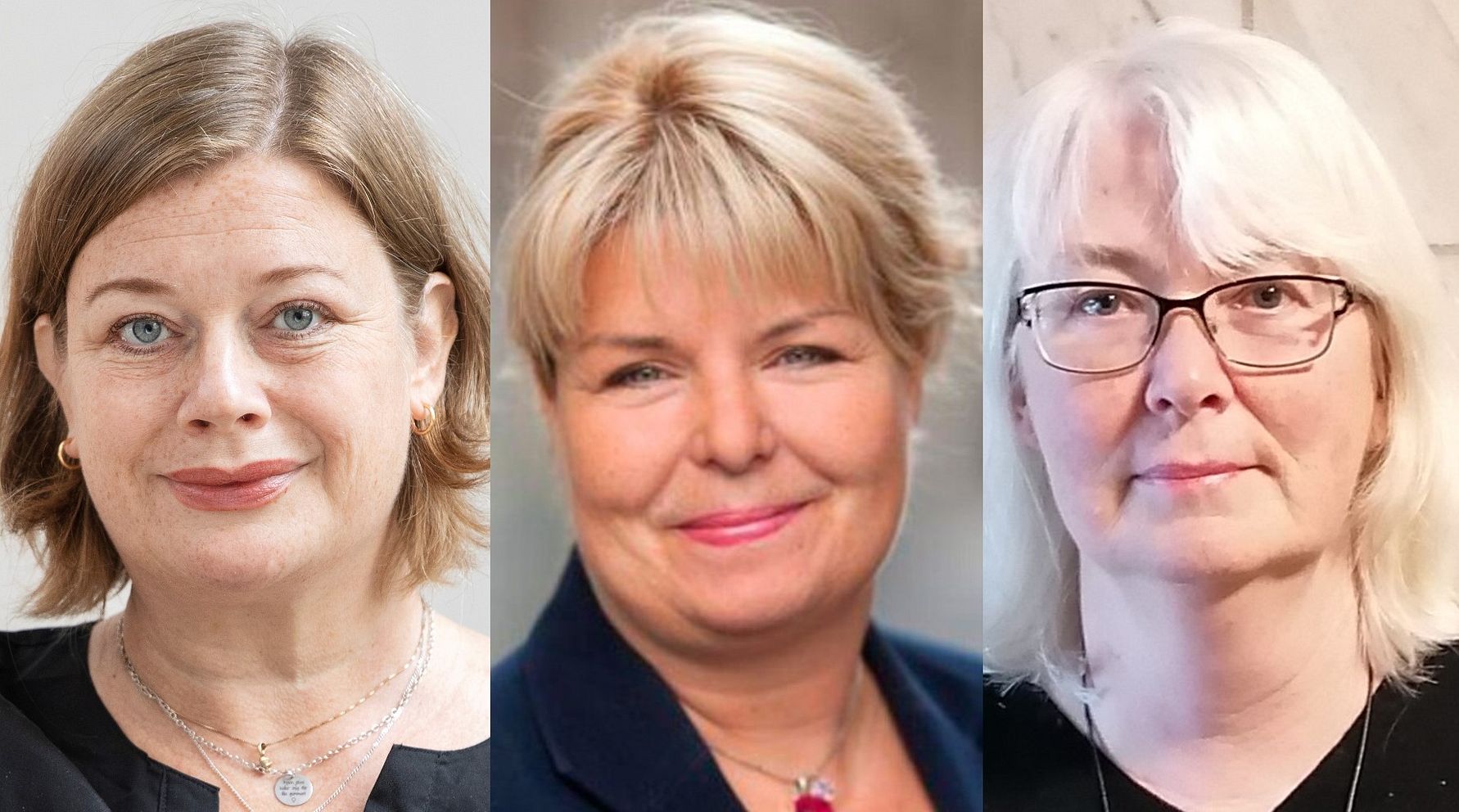 Tre personer med axellångt hår, klädda i en svart topp, en mörk blazer och en ljus topp, fotograferade separat mot suddiga bakgrunder