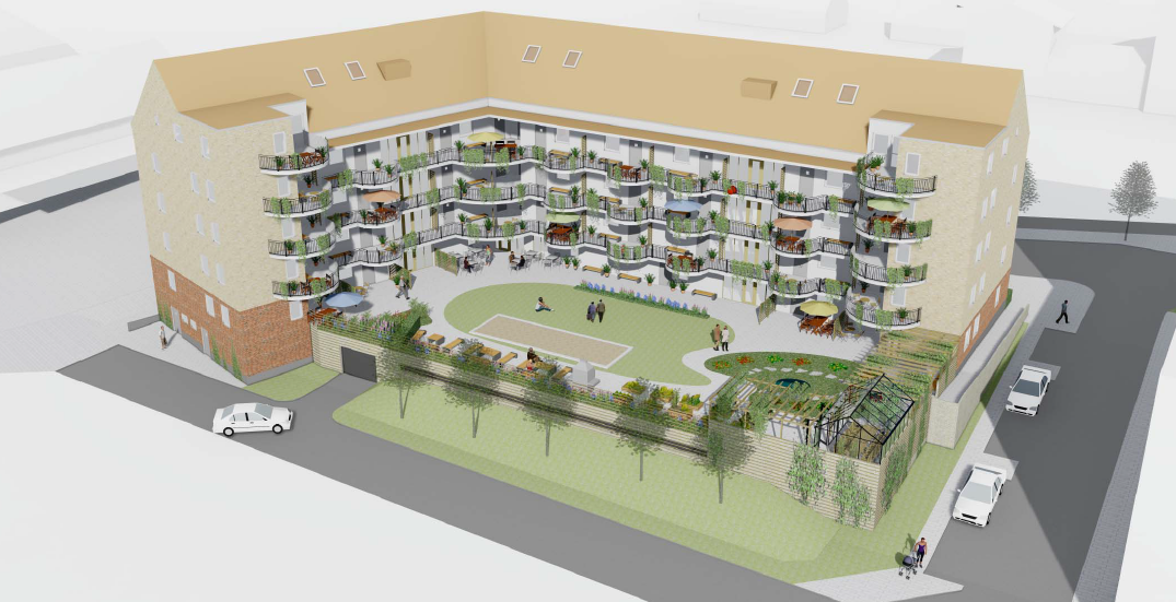 Illustration av ett flerbostadshus med U-formad planlösning, omgiven av grönområden, lekplats och odlingsytor