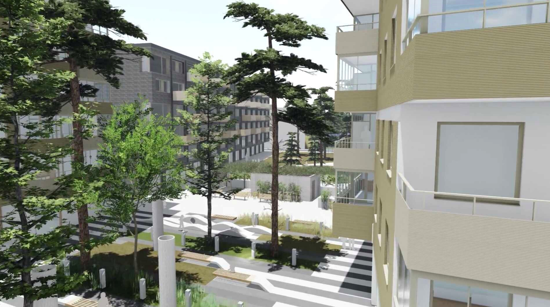 Illustration av ett bostadsområde med moderna byggnader, grönska och en gångväg