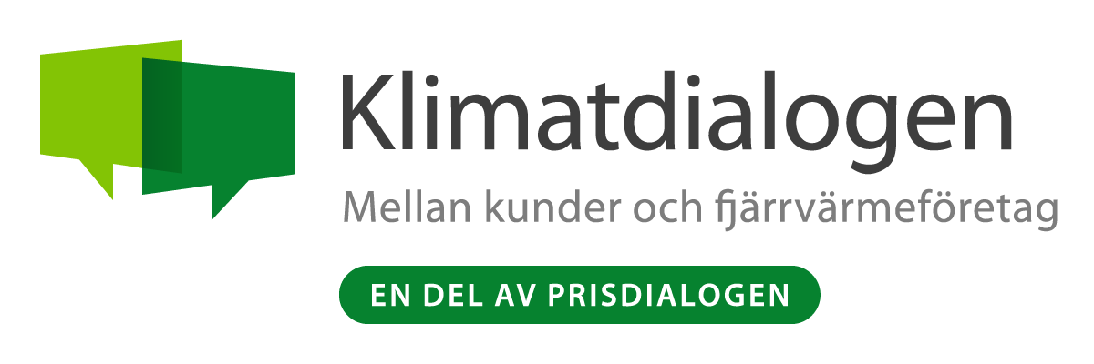 Logotyp för Klimatdialogen med texten "Klimatdialogen mellan kunder och fjärrvärmeföretag" och en grön knapp med texten "En del av Prisdialogen