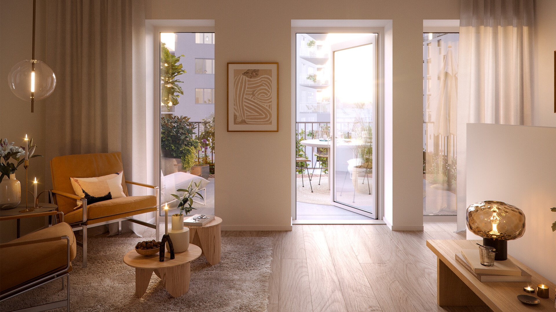 Modernt vardagsrum med trägolv och ljus inredning, med en öppen dörr till en balkong med växter och utemöbler