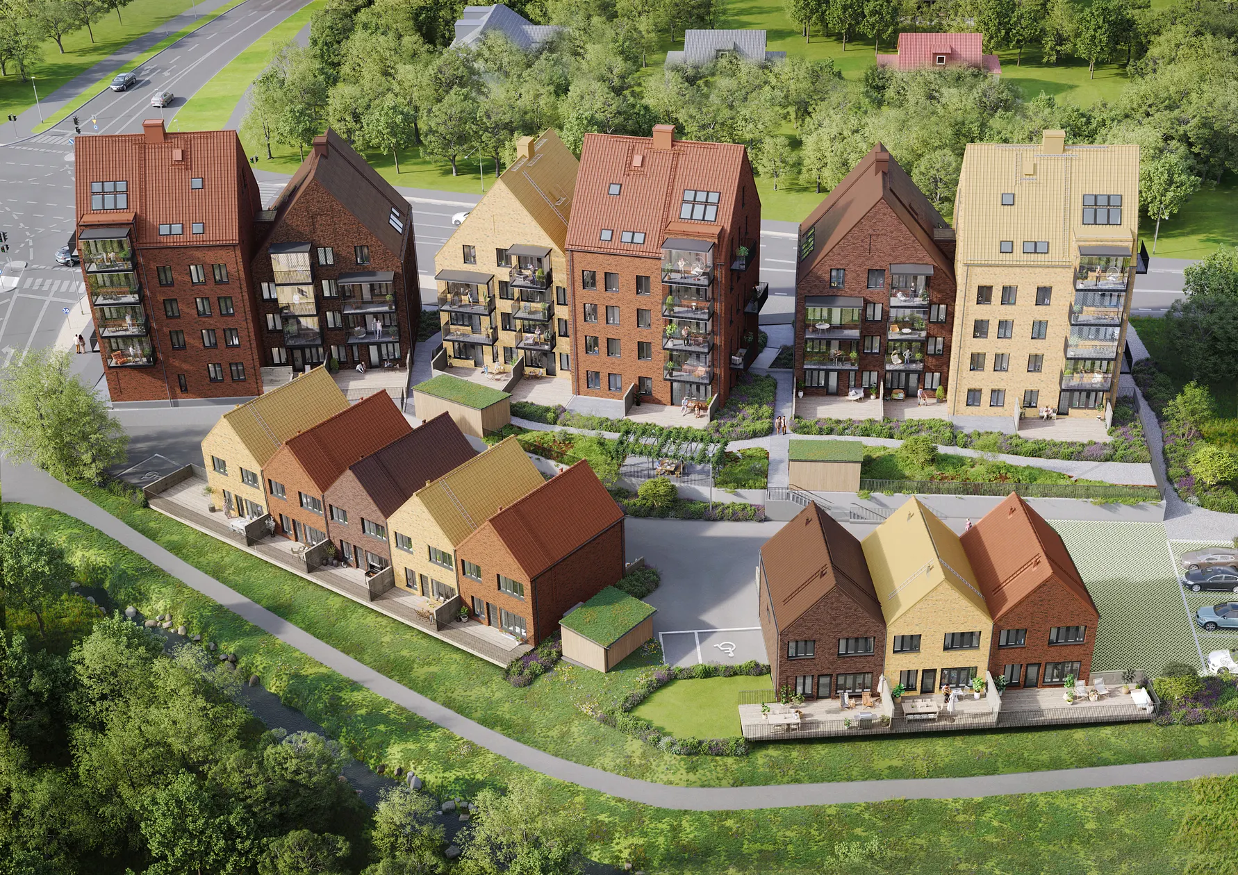 Illustration av inflyttningsklar lägenhet med flera flerbostadshus och grönskande område