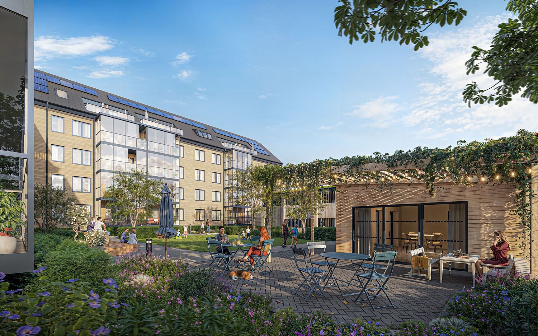Illustration av en inflyttningsklar lägenhetsgård med flerbostadshus, uteplatser, sittgrupper och grönska