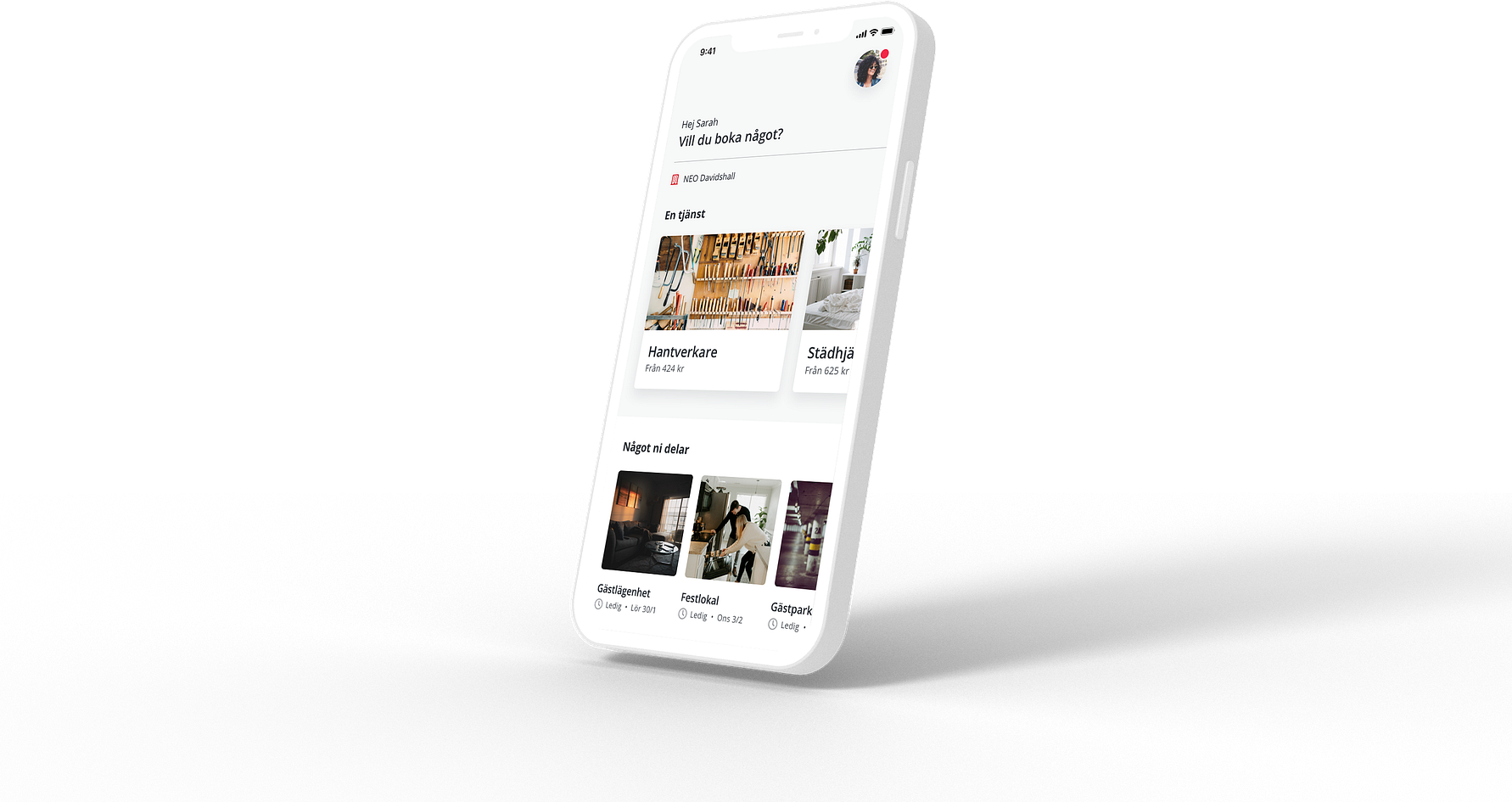 Smartphone som visar en app med kategorier och bilder, inklusive "Konserter" och "Skivsläpp