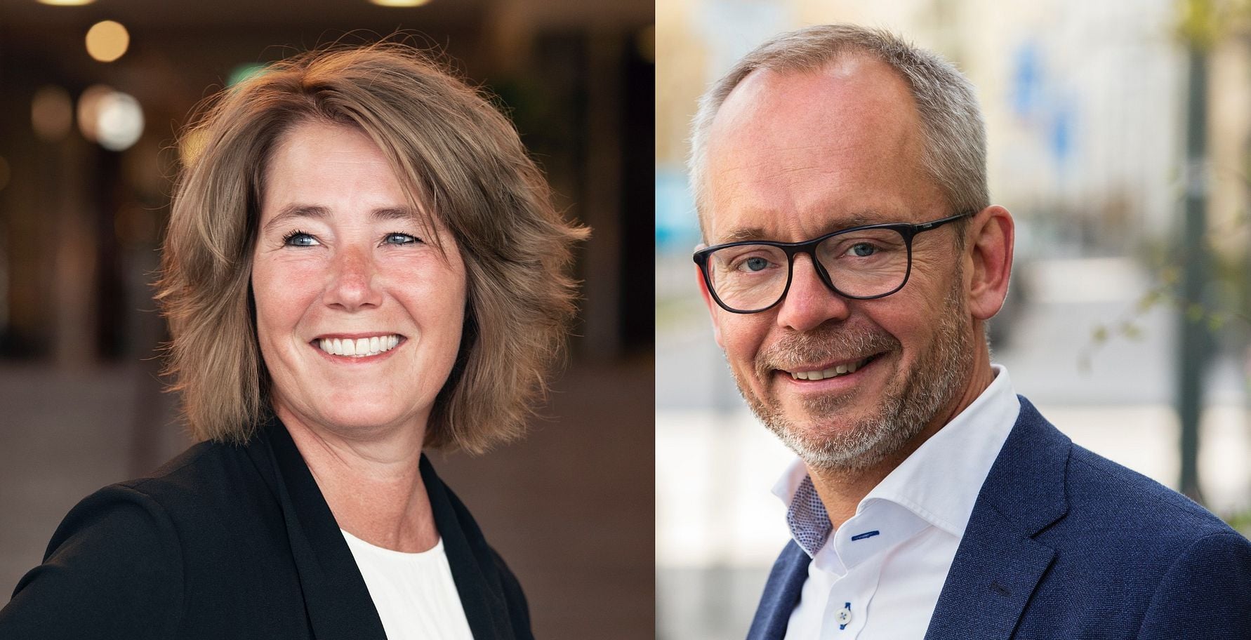En kvinna med kort brunt hår i en svart kavaj står inomhus; en man med grått hår och glasögon i en blå kavaj och vit skjorta står utomhus