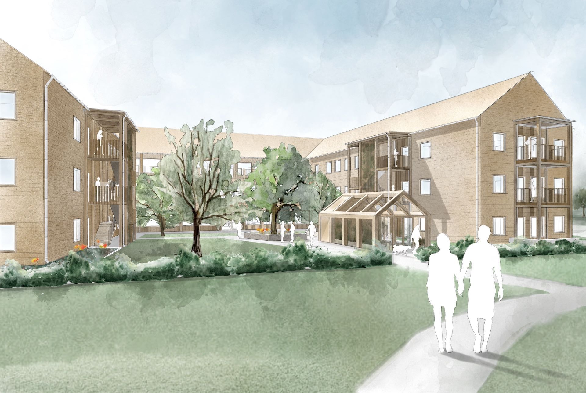Illustration av moderna flerfamiljshus med trädgård och gångväg, omgiven av grönska och träd
