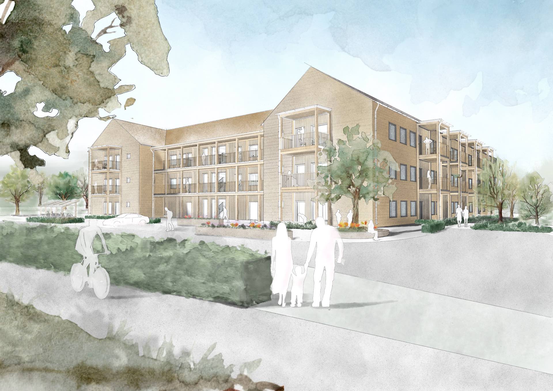 Illustration av ett modernt lägenhetskomplex med tre våningar, omgiven av träd och människor som promenerar och cyklar i området