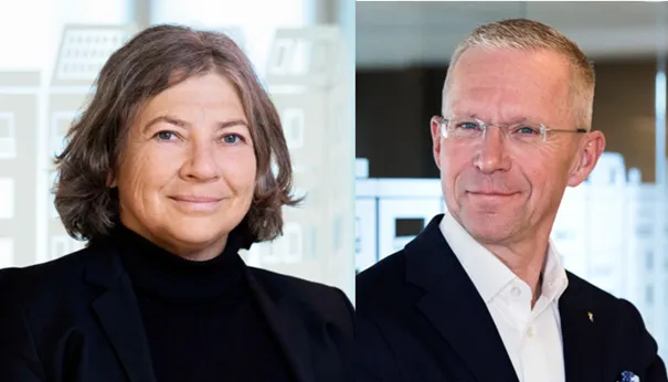 Två porträtt av en kvinna och en man i affärskläder mot ljus bakgrund