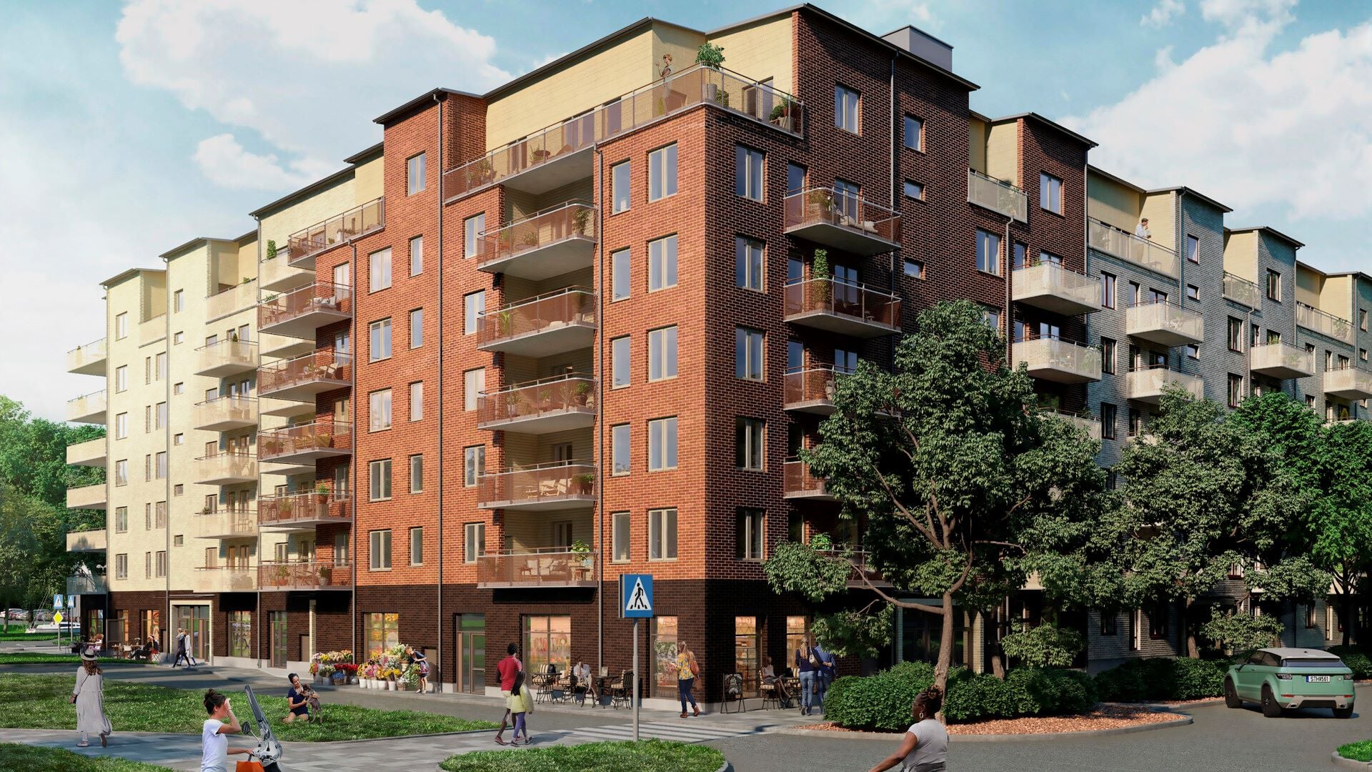 Flerfamiljshus i tegel och betong med balkonger, omgiven av fotgängare och grönska under en klar himmel