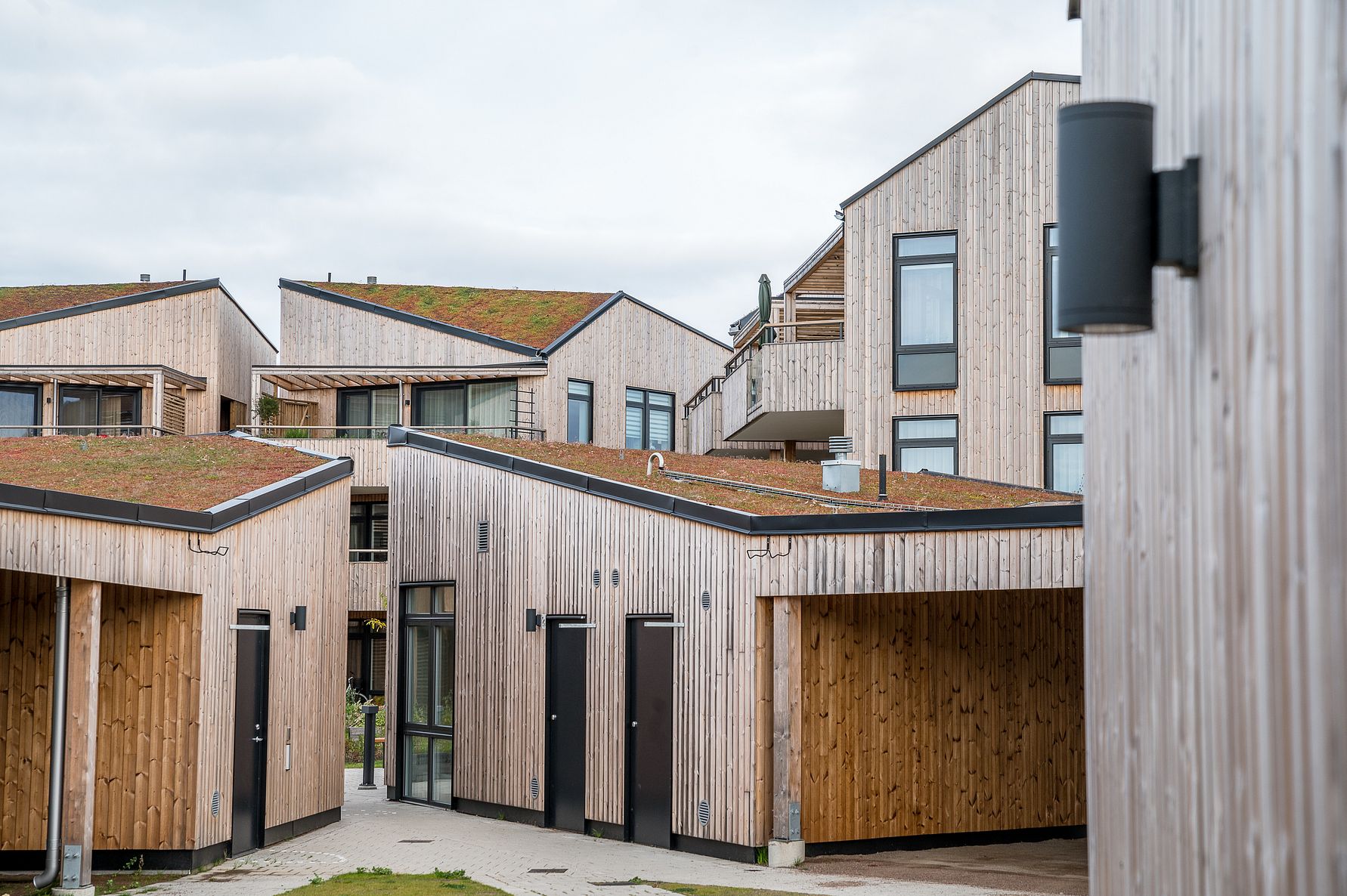 Nybyggda moderna hus med träfasader och gröna tak, grupperade runt en gård under en mulen himmel