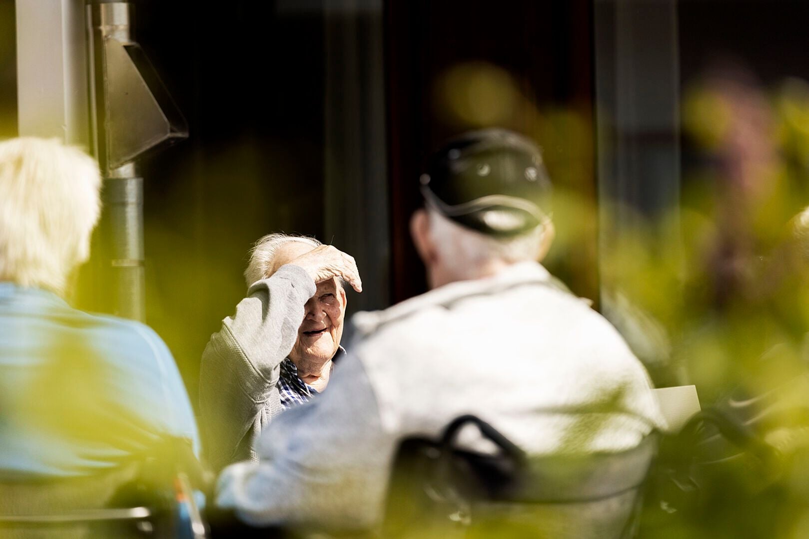En grupp äldre personer sitter utomhus vid ett bord i solen, omgivna av grönska