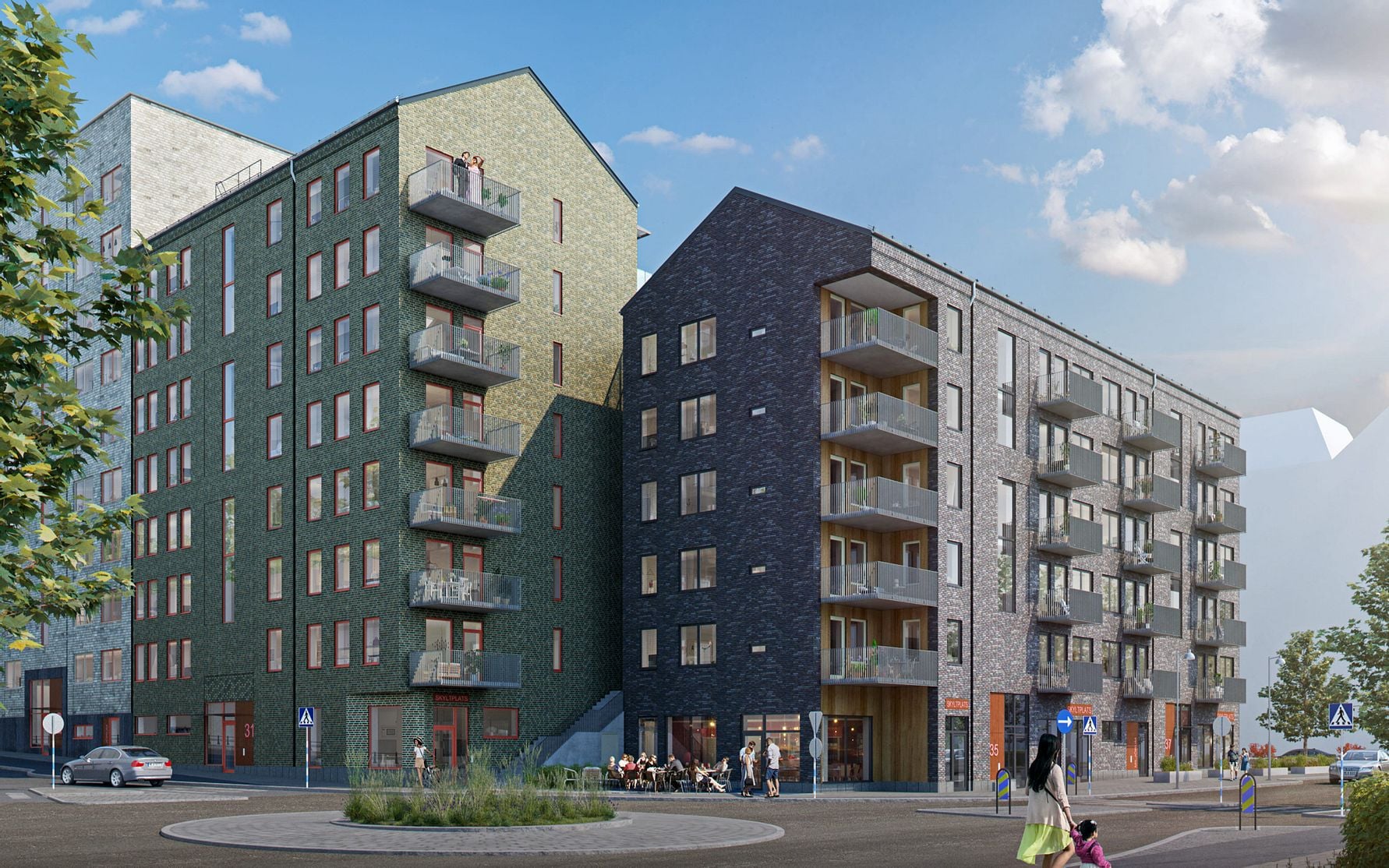 Flerfamiljshus med modern arkitektur, gröna och grå fasader, balkonger och gatuliv med människor i en urban miljö