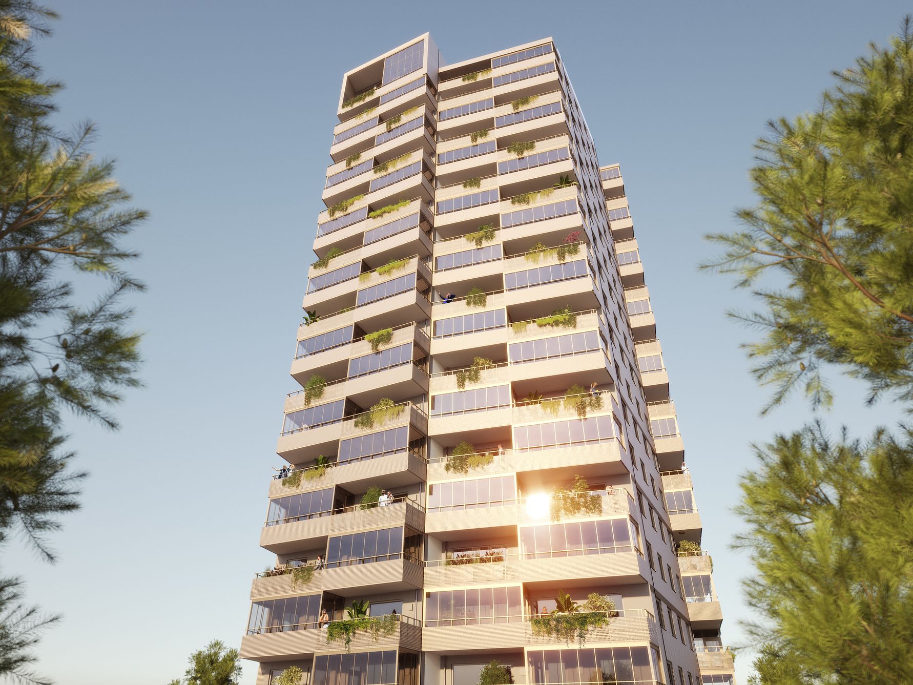 Höghus med modern arkitektur, stora fönster och balkonger, omgiven av träd under en klar blå himmel