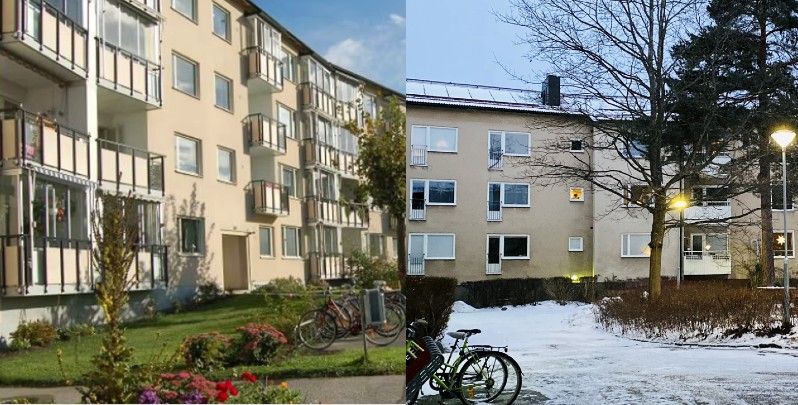Två bilder av flerfamiljshus, den första vid sommartid med grönska och cyklar, den andra vid vintertid med snö och utomhusbelysning