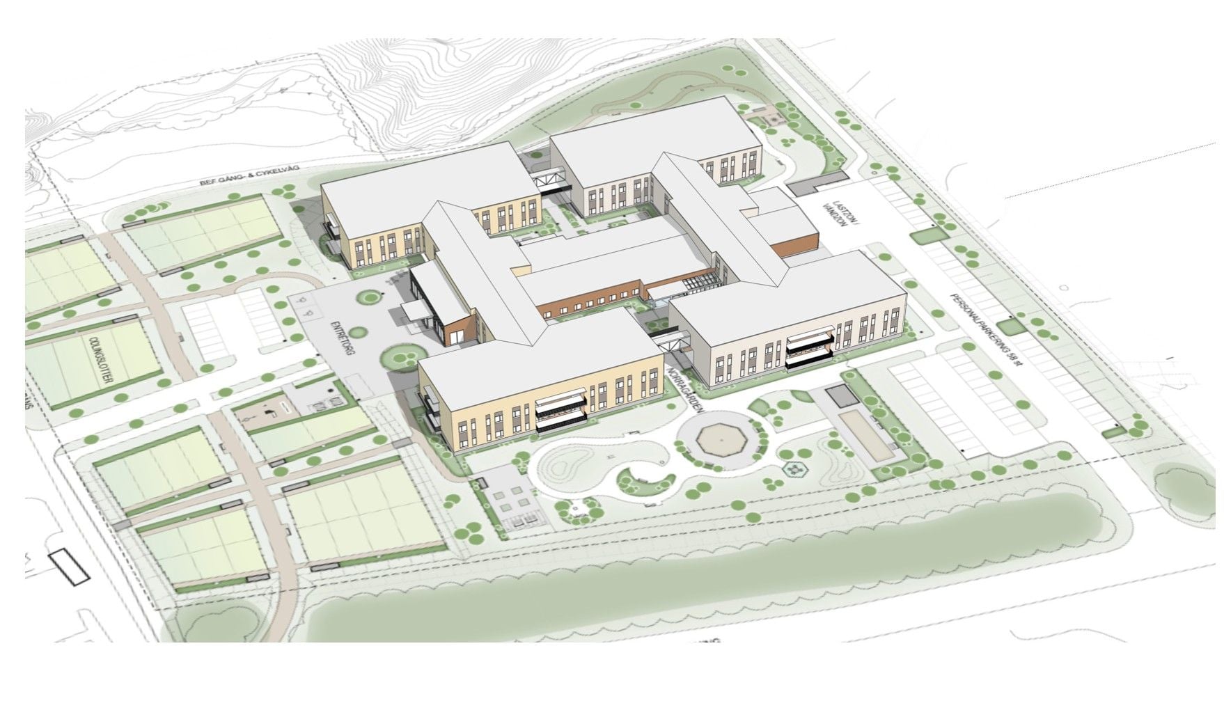 Illustration av en modern skolbyggnad med flera vinklade huskroppar, grönytor, sportanläggningar och parkeringar i ett planerat område