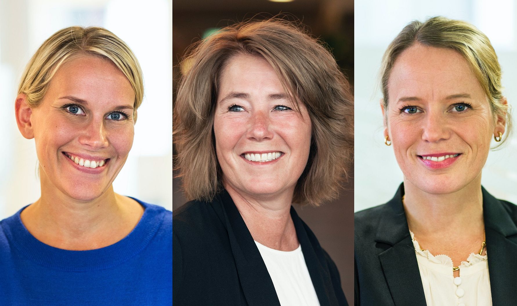 Tre kvinnor fotograferade från axlarna och uppåt. De bär kontorskläder, inklusive en blå blus, en mörk kavaj och en vit blus med smycken. Bakgrunden är suddig och ljus