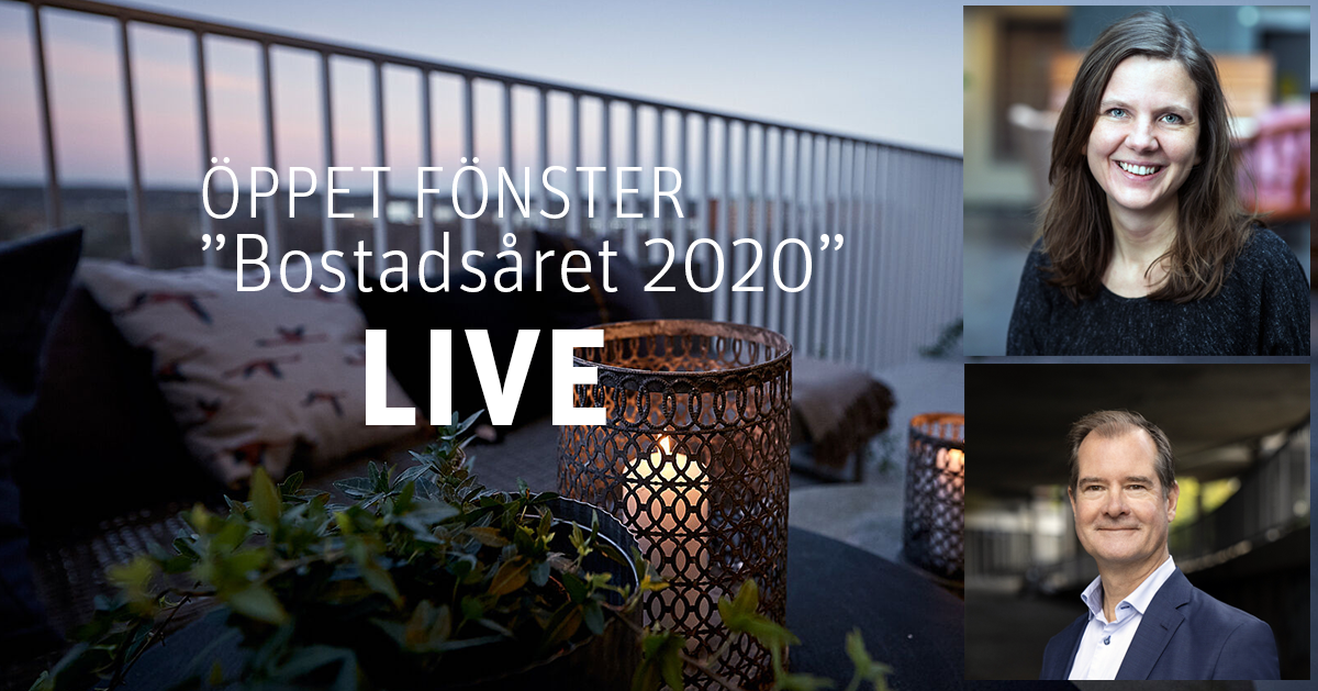 Uteplats med levande ljus i en lykta och växter, texten "Öppet fönster 'Bostadsåret 2020' LIVE" överlagrad, samt porträttbilder av två personer till höger