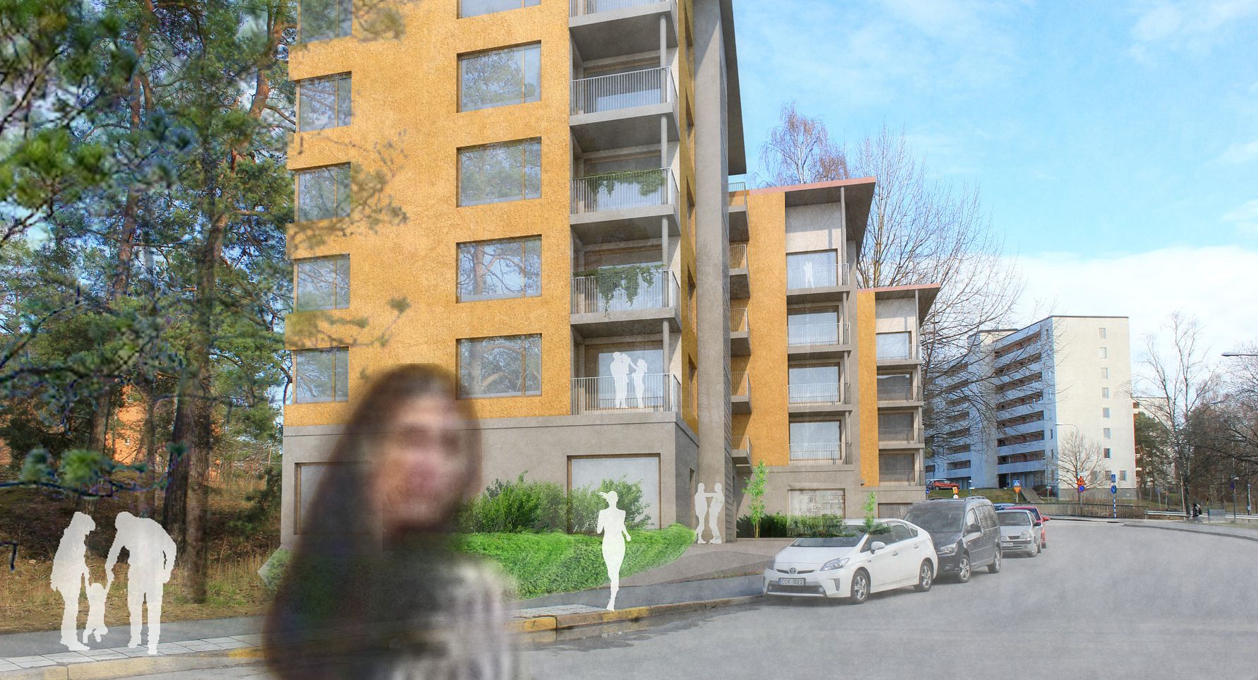 Flerbostadshus i gult tegel med balkonger, omgivna av träd och trottoarer, parkerade bilar längs gatan och silhuetter av människor vid gångvägen