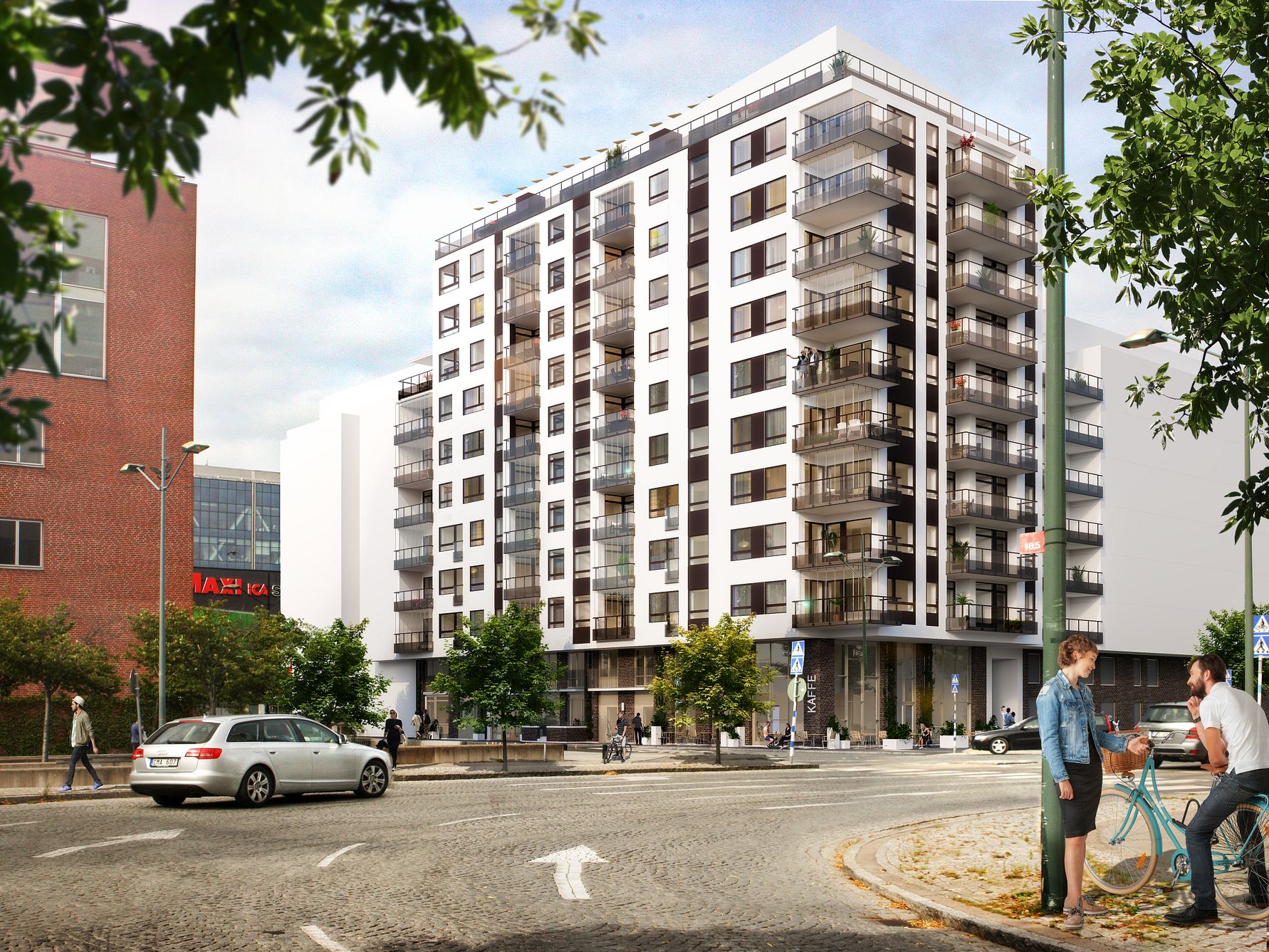 Modernt flerbostadshus med balkonger, omgiven av träd, parkering och människor på en solig gata