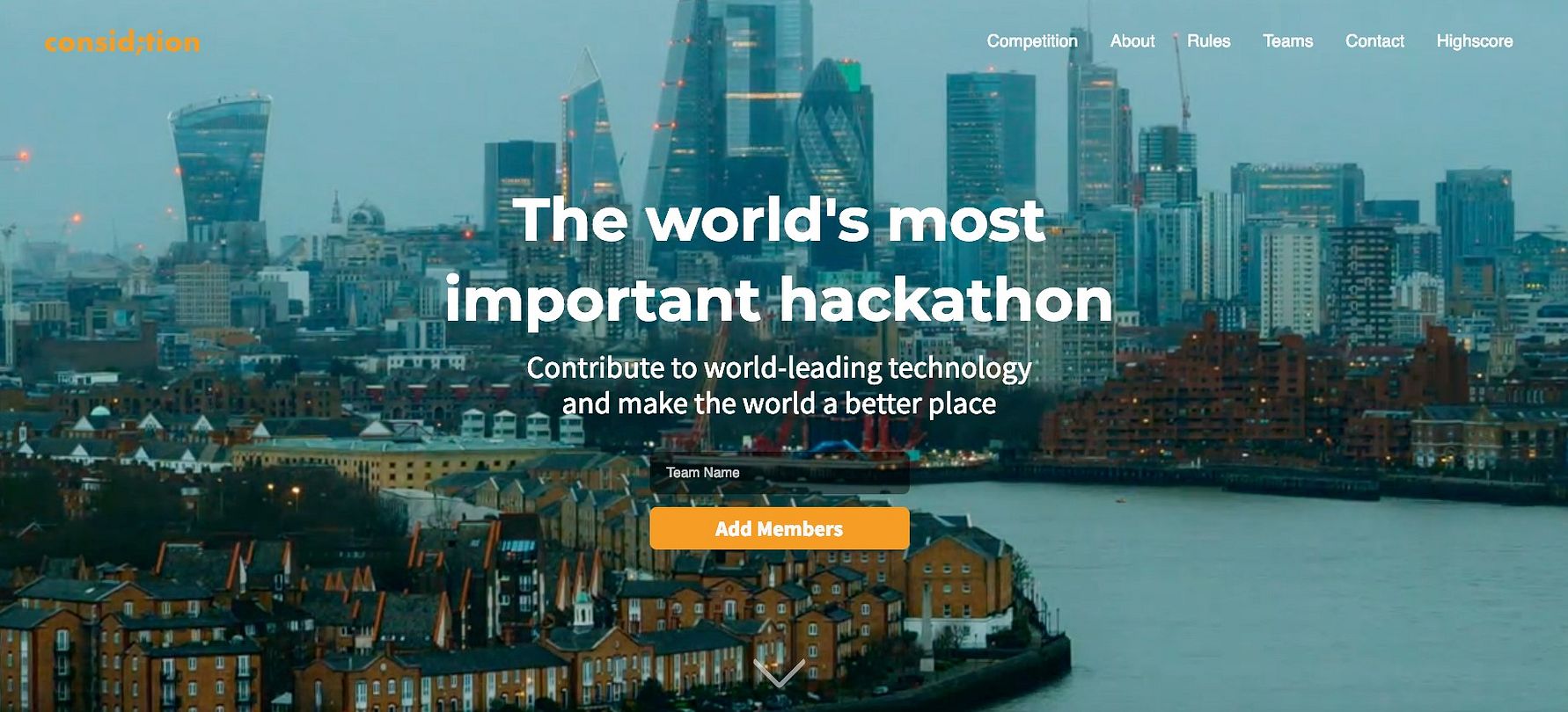 Vy över London med flera höghus, inklusive The Shard, i bakgrunden. Text på bilden marknadsför en global hackathon