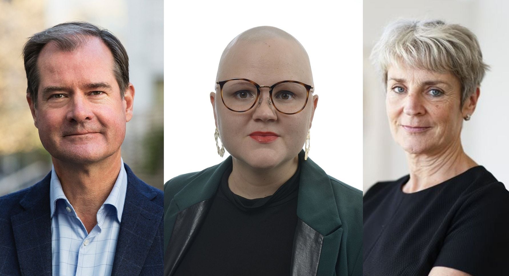Tre personer som står i rad. Personen till vänster bär en blå kavaj och skjorta, i mitten en person i svart klädsel och mörkgrön kavaj, och till höger en person i svart topp med kort grått hår