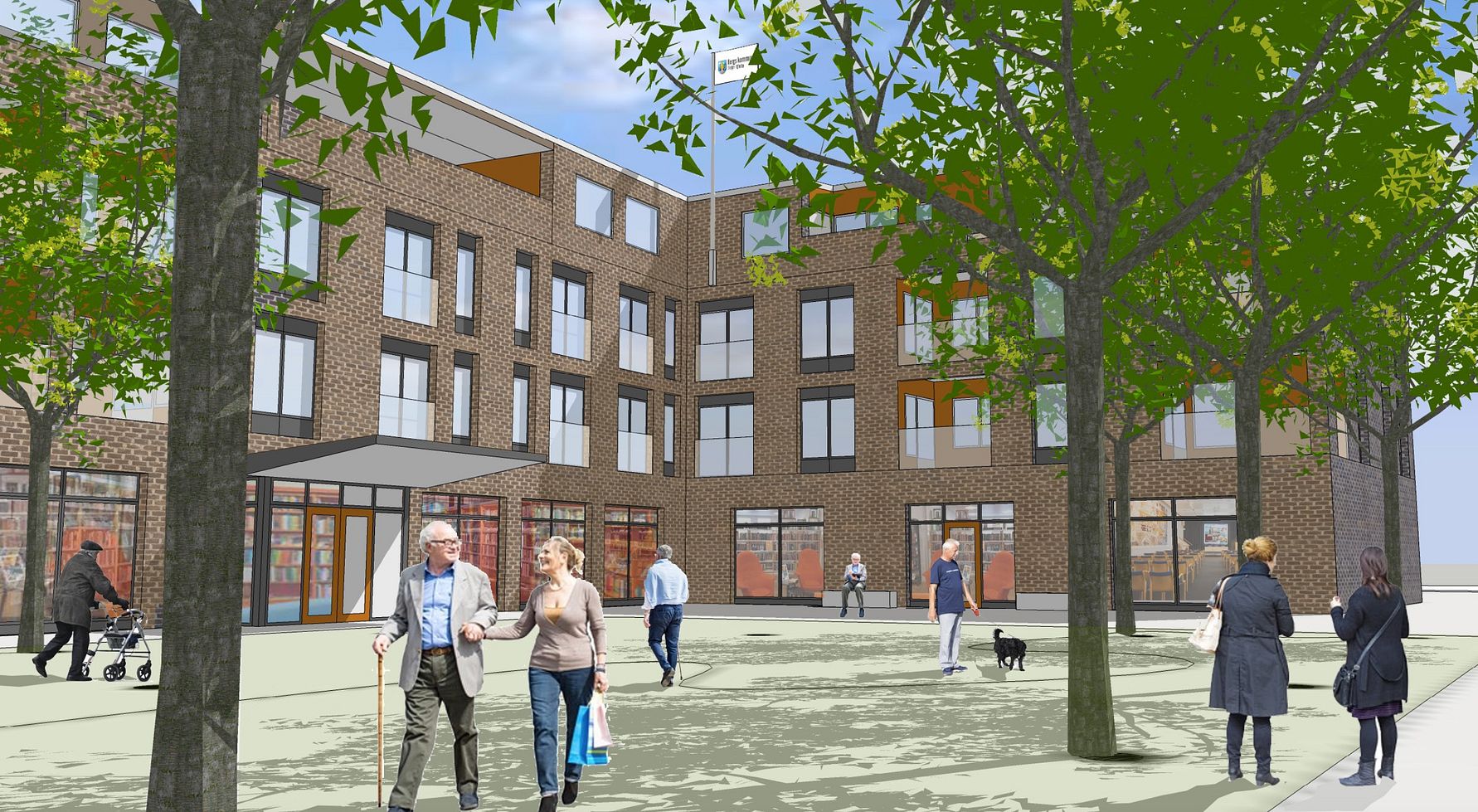 Illustration av ett torg med människor, omgivande träd, och ett flerbostadshus med tegelfasad och stora fönster