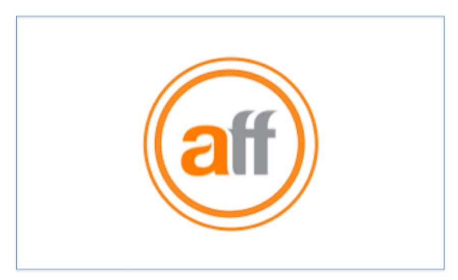Logotyp med texten "aff" i orange och grått, omgiven av två orangea cirklar på vit bakgrund