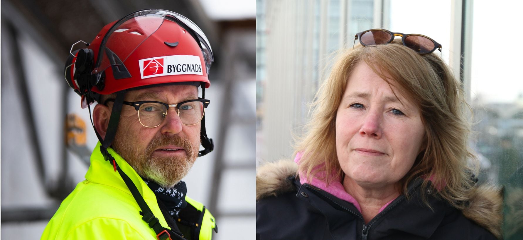 Person i skyddshjälm och gul jacka på en arbetsplats utomhus; kvinna i glasögon och svart jacka med rosa detaljer utomhus i en urban miljö
