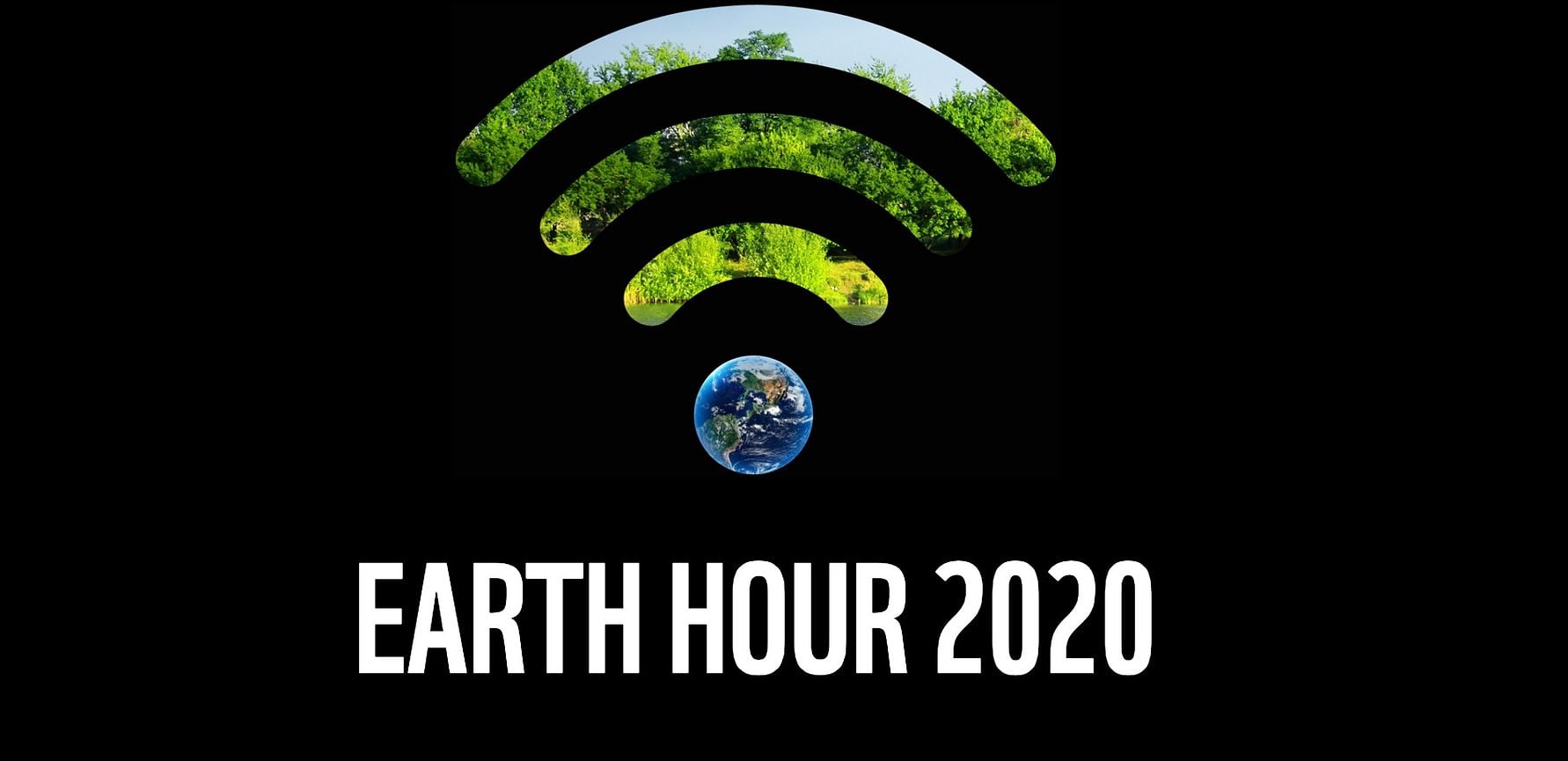 Svart bakgrund med texten "Earth Hour 2020" och en Wi-Fi-symbol fylld med bilder av natur och jordklotet längst ner