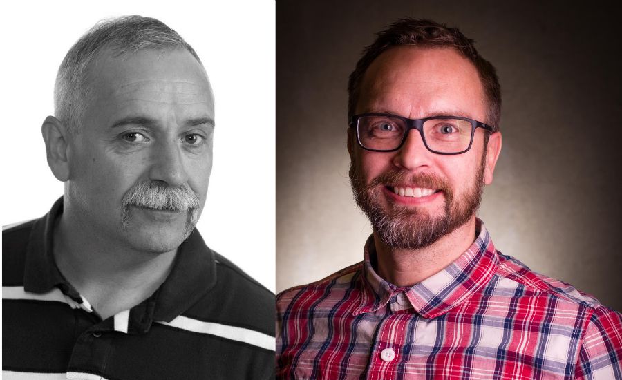 Två personer med pixlade ansikten, en i en svartvit bild klädd i en randig tröja och en i färgklädd bild i en rutig skjorta