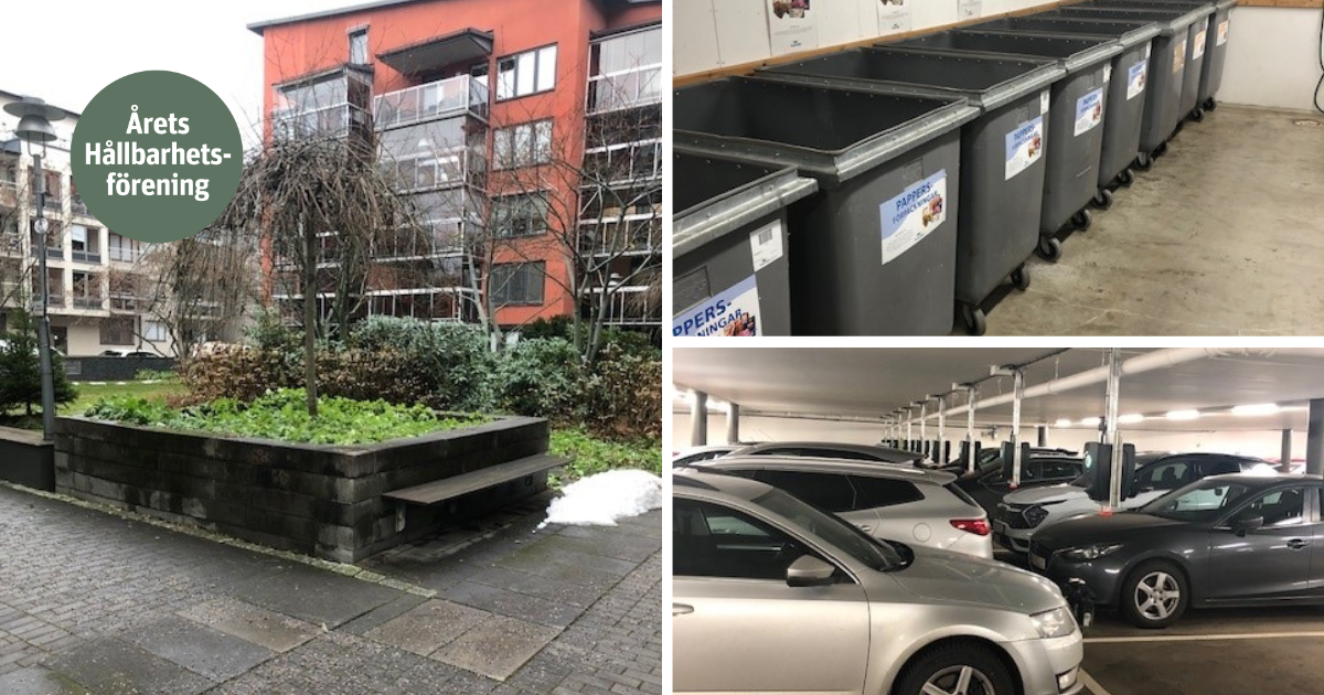 Bildcollage som visar en innergård med parkbänkar och grönska, återvinningsbehållare i en rad, samt parkerade bilar i ett garage