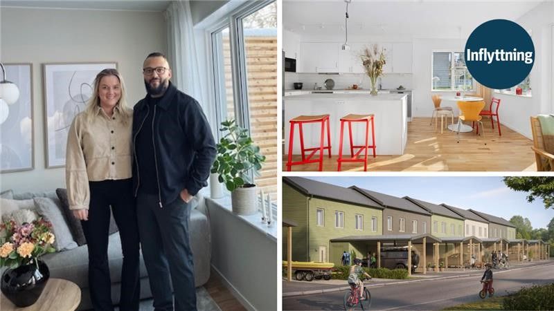 Två personer står i ett ljust vardagsrum med soffa, växter och stora fönster. Inflyttningsklar lägenhet med kök, matplats och ljus trägolv samt radhusområde med boende och cyklister